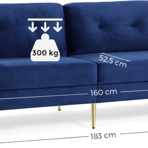 Canapea Vasagle, 3 locuri, catifea/lemn/metal, albastru inchis/auriu, 78 x 88 x 183 cm