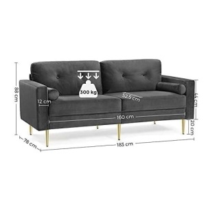 Canapea Vasagle, 3 locuri, catifea/lemn/metal, gri/auriu, 78 x 88 x 183 cm