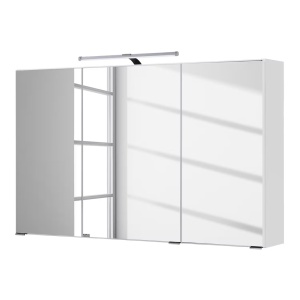 Cardiff dulap baie oglinda LED, 100x64x20 cm, 3 usi oglinda, 6 rafturi sticla, 300 lm, PAL alb, manere crom - Verificat A · Re-Bloom