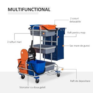 Carucior profesional de curatenie cu 4 galeti 118x73x103 cm, fier/PP/Oxford, tava port-obiecte, storcator inclus, gri - Verificat A · Re-Bloom - Img 5