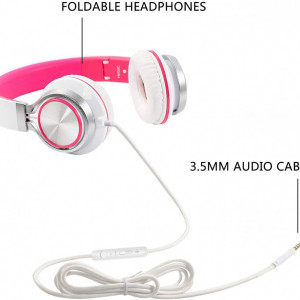 Casti audio pliabile Biensound, cu microfon, mufa Jack 3,5 mm, piele PU, alb/roz/argintiu - Img 3