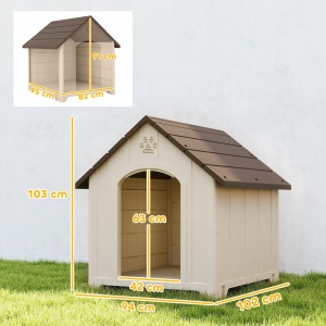 Casuta pentru caini de exterior talie mare/XL, PP impermeabil, 102x94x103 cm, interior 95x82x91cm, usa 42x63cm, ferestre 14x12cm, picioare 5cm, potrivita animale <75cm/<40kg, bej/maro inchis - Verificat A · Re-Bloom - Img 3