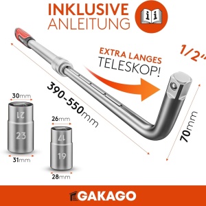 Cheie telescopica pentru roti si 2 tubulare 17/19 mm si 21/23 mm Gakago, otel crom-vanadiu, 39-55 cm