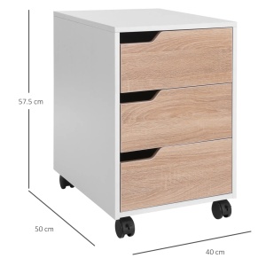 Comoda de birou cu 3 sertare 40x50x57.5 cm, MDF, ghidaje culisante, 4 roti din care 2 cu frana, manere ingropate, alb si lemn - Verificat A · Re-Bloom - Img 3