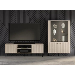 Comoda TV Adrena 06, lemn fabricat/metal, bej/negru, 160 x 40 x 53 cm