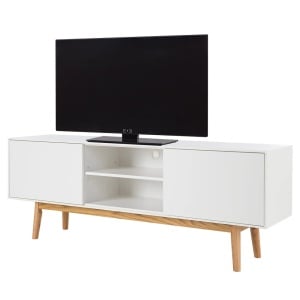 Comoda TV Lindholm, MDF/lemn masiv de stejar, alb/natur, 160 x 59 x 40 cm