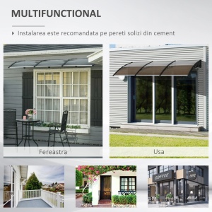 Copertina de exterior pentru usa/fereastra, policarbonat 5mm/aluminiu/PP, 303x96x27 cm, suport perete 96x27 cm, set suruburi inclus, negru - Verificat A · Re-Bloom - Img 3