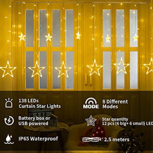 Cortina de lumini cu 138 LED-uri si 12 stele DANGZW, alb cald, USB, baterie, 2,5 m - Img 5