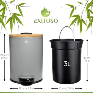 Cos de gunoi cu pedala Exitoso, Gri, Capac din lemn de bambus, Soft Close, 3l, Resigilat, Grad A - Img 2