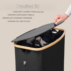 Cos de rufe Hennez cu 3 compartimente, premium, cu capac, sistem sortare, negru, 150 L, Resigilat, Grad A - Img 2