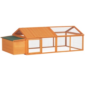 Cotet pentru gaini cu acoperis rabatabil si usa larga, lemn de brad/plasa metalica, 240x112.5x76 cm, streasina 49cm, cuib 37.5x93x43cm, usa 44x43cm, potrivit 4-8 gaini, portocaliu - Verificat A · Re-Bloom