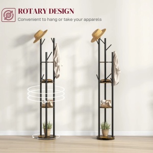 Cuier rotativ 8 carlige 4 rafturi, diametru 30 cm, inaltime 175 cm, PAL/otel, design industrial, maro rustic/negru - Verificat A · Re-Bloom - Img 3