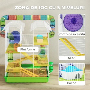 Cusca pentru hamsteri cu 5 niveluri, metal/PP/PS, 47x30x59 cm, tuba colorate, roata Ø13cm, casuta 14x9.5x9.5cm, bol + adapator 75ml incluse, verde - Verificat A · Re-Bloom - Img 6
