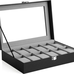 Cutie pentru ceasuri Songmics, MDF/piele PU/sticla, negru/gri, 30 x 20 x 8,5 cm