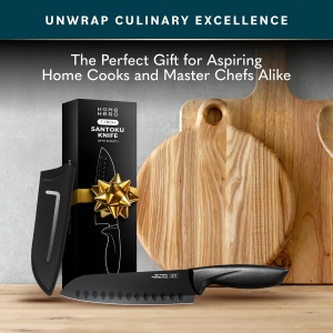 Cutit Santoku Home Hero, cu teaca, maner ergonomic, lama din inox, negru, 18 cm - Img 2