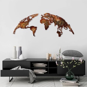 Decor de perete World Map din metal 150x59 cm, grosime 1.5mm, 3.255 kg, maro - Verificat A · Re-Bloom - Img 2
