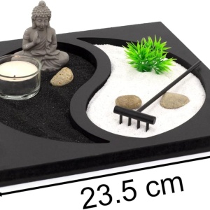 Decoratiune Buddha Zen, rasina, alb/negru/verde, 23,5 x 23,5 x 1,5 cm