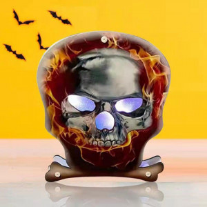 Decoratiune pentru Halloween Ding Yongliang, LED, model craniu, lemn, multicolor, 19 x 23,5 cm - Img 1
