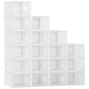 Dulap de pantofi modular, 18 cutii PP transparente, 25x35x19 cm/cutie, usi magnetice, orificii ventilatie, stivuibil, marime max EU43, 8kg, transparent/alb - Verificat A · Re-Bloom