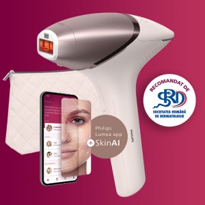 Epilator IPL Philips Lumea Seria 9900 BRI977/00, Senzor Smartskin, tehnologie SenseIQ, conectare la aplicatie cu functii Skin AI, utilizare cu sau fara fir, 450.000 impusuri, accesoriu fata, corp, axila si inghinal, Roz pudra, Resigilat, Grad A - Img 3