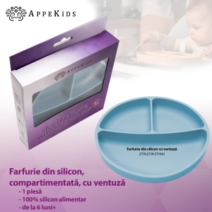 Farfurie compartimentata din silicon cu ventuza, AppeKids - Aqua Blue - Img 2