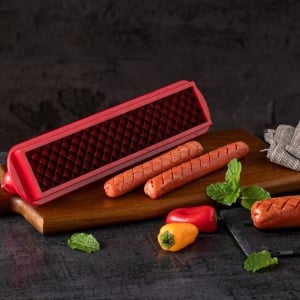 Feliator manual pentru hot-dog Qlplyzon, otel inoxidabil/plastic, rosu, 29,5 x 6,5 cm