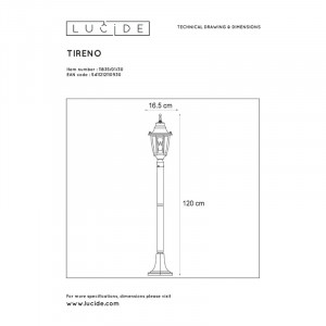 Felinar pentru gradina Tireno, metal/sticla, negru, 120 x 16,5 x 16,5 cm