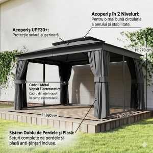 Foisor de gradina cu 2 niveluri, plasa tantari si perdele, 380x300x270 cm, acoperis UPF30+, coloane metal vopsit electrostatic, gri inchis - Verificat A · Re-Bloom - Img 5