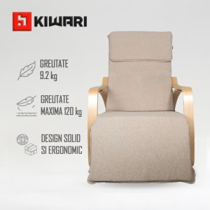 Fotoliu balansoar Kiwari® Zein, suport picioare, cadru metalic cu brate din lemn, 120x67x90 cm, material textil poliester, husa detasabila, Bej, Resigilat, Grad A - Img 3