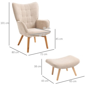 Fotoliu cu taburet Re-Bloom, catifea poliester/fag/spuma, fotoliu 72x80x101 cm + taburet 65x43x38 cm, spatar inalt, model crestat, 150/80 kg, bej/natur - Verificat A · Re-Bloom - Img 2