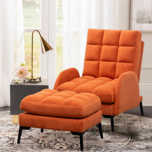 Fotoliu recliner Velvet, catifea mată, cu taburet, portocaliu - Img 2