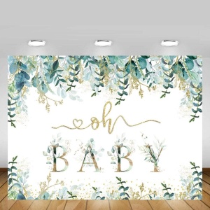 Fundal foto pentru Baby Shower Mehofond, vinil, alb/verde/auriu, 210 x 150 cm
