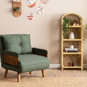 Futon fotoliu extensibil 77x70x82 cm, pat 190x70 cm, spatar 14 pozitii, tapiterie poliester, cadru metal, brate lemn, verde - Verificat A · Re-Bloom - Img 3