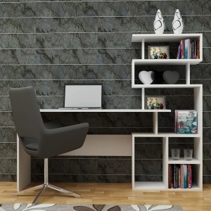 Hanah Home birou cu dulap, PAL melaminat, birou 130x40x70 cm + dulap 60x29.5x135 cm, grosime 18mm, fixare perete, alb - Verificat A · Re-Bloom - Img 2