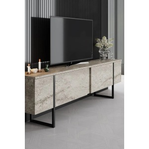 Hanah Home comoda TV 180x30x50 cm, PAL 18mm melaminat, picioare metal, travertin si negru - Verificat A · Re-Bloom - Img 3