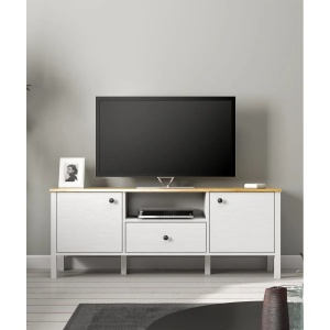 Hanah Home comoda TV living 150x58x35 cm, PAL 18mm, cant 0.8mm, picioare MDF, manere metal, lemn si alb - Verificat A · Re-Bloom - Img 2