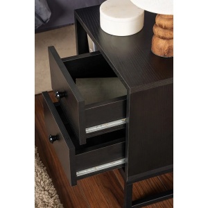 Hanah Home noptiera dormitor 45x30x50 cm, PAL 18mm, 2 sertare, picioare de metal, negru lemn si negru - Verificat A · Re-Bloom - Img 3
