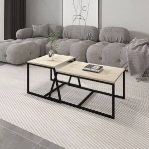 Hanah Home set 2 masute de cafea, PAL 18mm melaminat, cadru metal, masuta mare 75x50x38 cm si masuta mica 55x57x45 cm, travertin si negru - Verificat A · Re-Bloom - Img 4