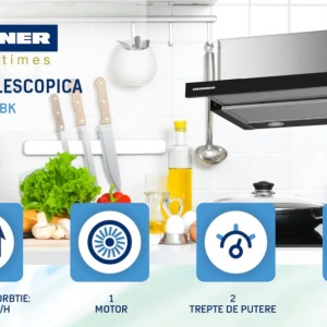 Hota telescopica Heinner HTCH-F400BK, Putere de absorbtie 358.4 m3/h, 1 motor, Iluminare LED, 59.5 cm, Negru - Img 2