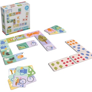 Joc educational pentru copii, Domino piese mari gigant, KuKiKuk Efko,28 piese printate pe ambele fete cu fructe si obiecte gradinarit, carton gros, animatii colorate haioase, varsta 2-6 ani - Img 3