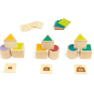 Joc educativ pentru copii si copii nevoi speciale didactic, Andreu Toys, Invatam despre culori, greutati, forme geometrice si atribute, din lemn, 21 piese