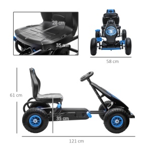 Kart cu pedale pentru copii cu scaun reglabil si frana de mana, PP/metal, 121x58x61 cm, scaun 35x28x35cm, roti cauciuc Φ28cm, capacitate 50kg, certificat EN71, varsta 3+/recomandat 5-12 ani, albastru/negru - Verificat A · Re-Bloom - Img 3