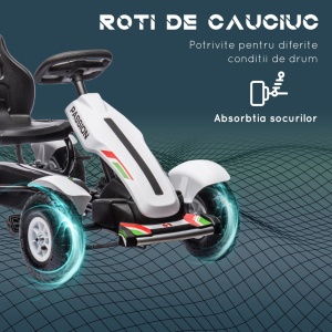 Kart cu pedale pentru copii, PP/metal, 121x58x61 cm, scaun reglabil 35x28x30.5cm, roti cauciuc Φ26cm, capacitate 50kg, certificat EN71, varsta 3+/recomandat 5-12 ani, alb/negru - Verificat A · Re-Bloom - Img 4