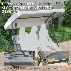Leagan de gradina pentru 3 persoane Re-Bloom, otel/poliester, 172x110x156 cm, acoperis reglabil 168x110 cm, perne incluse, 210 kg, gri deschis - Verificat A · Re-Bloom - Img 5