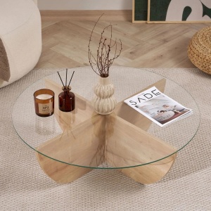 Liya masuta cafea 90x90x30 cm, PAL melaminat 18mm, blat sticla securizata, design scandinav, safir stejar - Verificat A · Re-Bloom - Img 3
