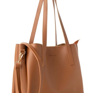 Lucky Bees geanta de umar piele ecologica, 32x13x27 cm, 2 manere fixe + bareta ajustabila detasabila 100cm, fermoar/capse, 3 compartimente, logo, detalii aurii, maro cognac - Verificat A · Re-Bloom - Img 3