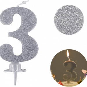 Lumanare pentru tort PARTY GO, cifra 3, ceara, argintiu, 9 cm - Img 2