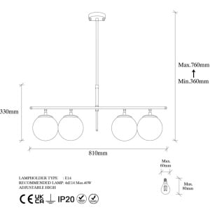 Lustra tip pendul Brecken, 4 lumini, metal/sticla, auriu/transparent, 81 x 36-76 cm