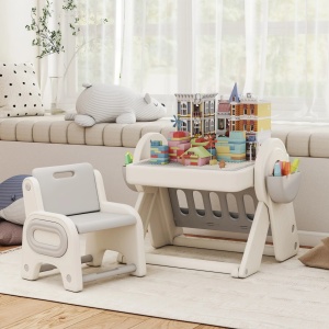 Masa multifunctionala pentru copii cu raft, sertare si tabla, HDPE/PP, masa 88x61x58cm + scaun 40x37x47cm, varsta 2-4 ani, capacitate 10kg masa/30kg scaun, 2 cutii depozitare incluse, gri/alb - Verificat A · Re-Bloom - Img 2