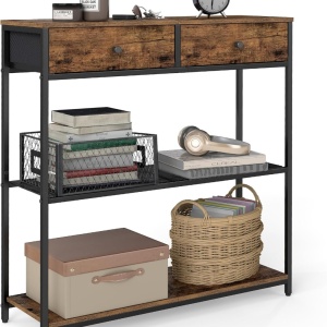 Masa tip consola Vasagle, 2 sertare, otel/PAL, negru/maro rustic, 24 x 76 x 80 cm